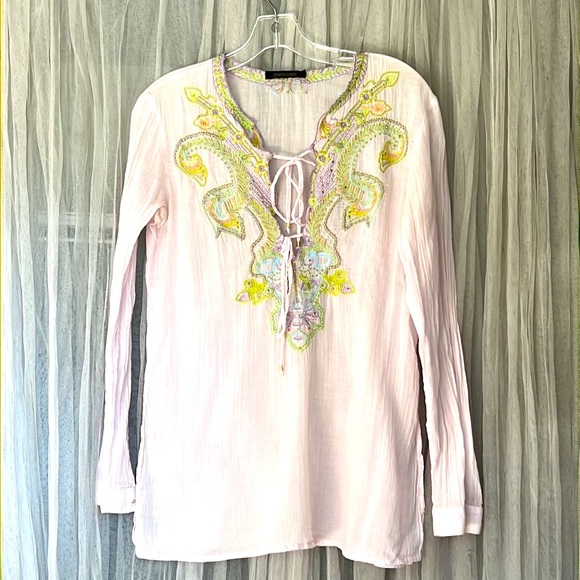⭐️ Roberto Cavalli pink boho tunic top green embroidered neckline long sleeve S - Picture 1 of 16